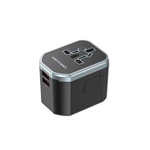 Mobile Charger - Vention 3-Port USB (C + A + A) Universal Travel Adapter (20W-18W-18W) Black