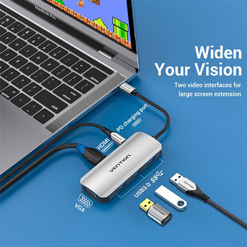 Multi ადაპტერი - Type-C to HDMI VGA USB 3.0x3 PD Docking Station 0.15M Gray Aluminum Alloy Type Vention