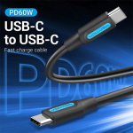 მობილურის კაბელი - Vention USB 2.0 C Male To Male Cable Black PVC Type 2მ