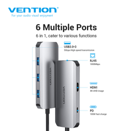 Multi ადაპტერი - Type-C to HDMI USB 3.0x3 RJ45 PD Docking Station 0.15M Gray Aluminum Alloy Type Vention