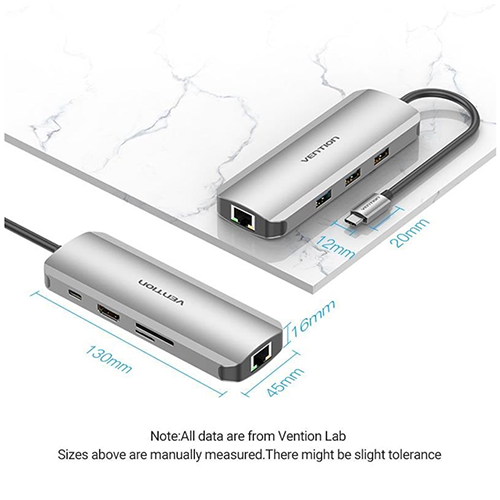 Multi ადაპტერი - Multi-function Type-C to HDMI USB3.0x3 RJ45 SD TF PD Docking Station 0.15M Gray Aluminum Alloy Type Vention