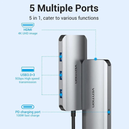 Multi ადაპტერი - Type-C to HDMI USB 3.0x3 PD Docking Station 0.15M Gray Aluminum Alloy Type Vention