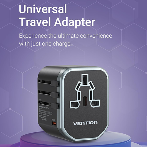 Mobile Charger - Vention 3-Port USB (C + A + A) Universal Travel Adapter (20W-18W-18W) Black