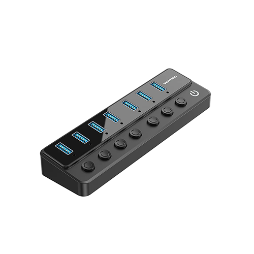 USB Hub 7 Port - Vention USB B 3.0 To USB 3.0 x7 Hub With Individual Power Switches and DC 5.5mm Power Adapter EU-Plug Black