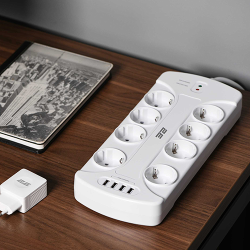 8 პორტიანი დამაგრძელებელი - 2E White Body Surge protector With Switch 3მ