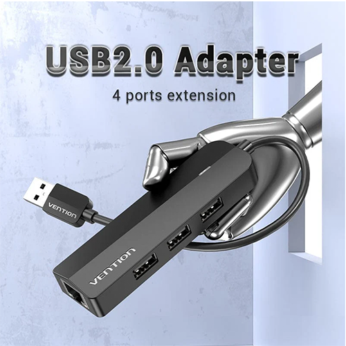 Multi ადაპტერი - Vention CHPBB 3-Port USB 2.0 Hub With 100M Ethernet Adapter 0.15M Black
