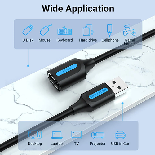 USB დამაგრძელებელი - Vention USB 2.0 A Male To A Female Extension Cable Black PVC Type 5m