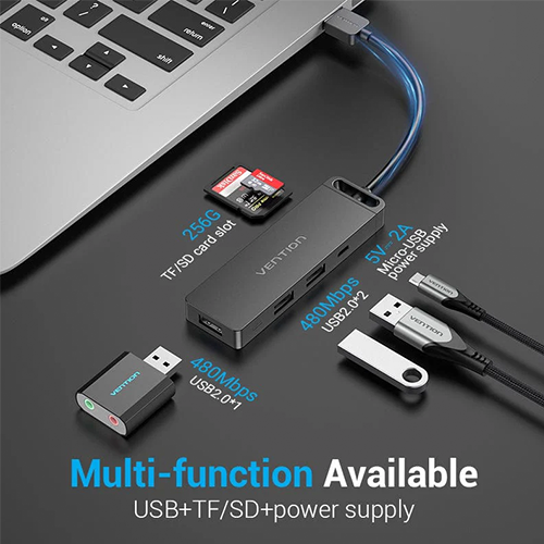 USB Hub 3 Port - Vention USB 2.0 To USB 2.0 3 TF SD Micro-B Hub 0.15მ Black ABS Type