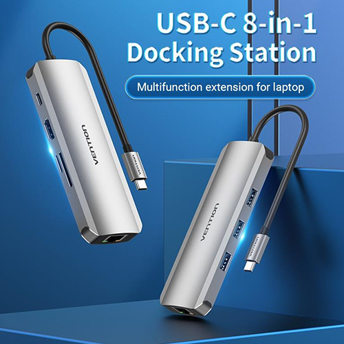 Multi ადაპტერი - Multi-function Type-C to HDMI USB3.0x3 RJ45 SD TF PD Docking Station 0.15M Gray Aluminum Alloy Type Vention