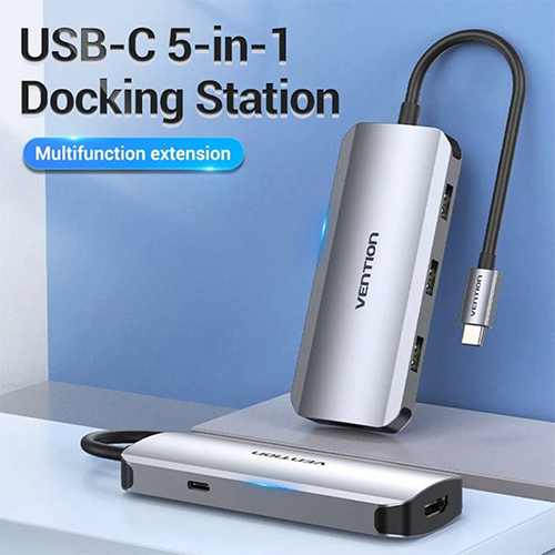 Multi ადაპტერი - Type-C to HDMI USB 3.0x3 PD Docking Station 0.15M Gray Aluminum Alloy Type Vention