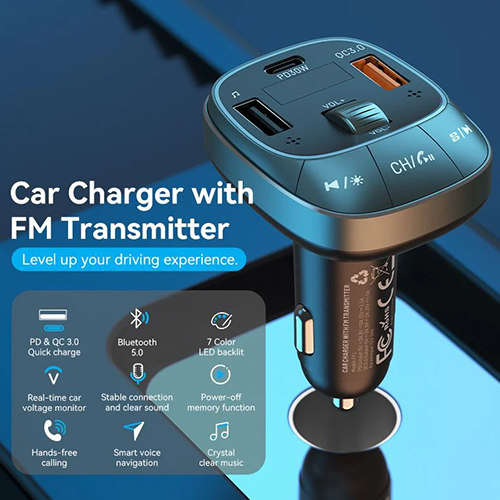 მანქანის FM მოდულატორი - Vention Car Charger With FM Transmitter (30W/18W/5W) Black ABS Type