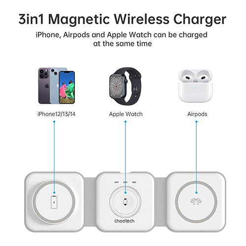 Multi Wireless Charger - Choetech T588 3 in1 Foldable Magnetic Wireless Charger White