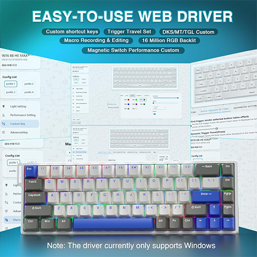 მექანიკური კლავიატურა - Aula WIN 68 He Max Wing Chun Magnetic Switch White-Gray-Blue