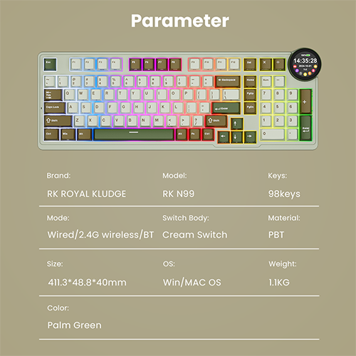 უკაბელო ტენვადი მექანიკური კლავიატურა - Royal Kludge RK N99 Cream Switch Palm Green Rechargable WL BT