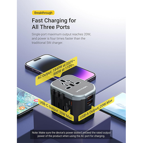 Mobile Charger - Vention 3-Port USB (C + A + A) Universal Travel Adapter (20W-18W-18W) Black