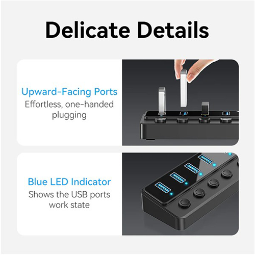 USB Hub 7 Port - Vention USB B 3.0 To USB 3.0 x7 Hub With Individual Power Switches and DC 5.5mm Power Adapter EU-Plug Black