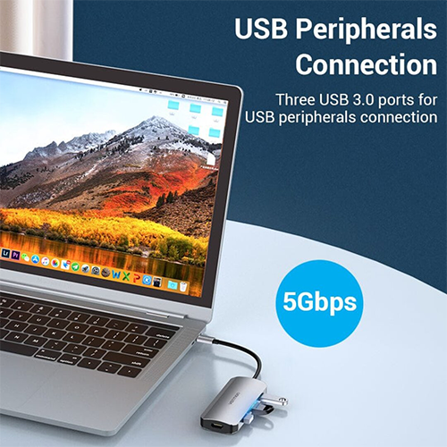 Multi ადაპტერი - Type-C to HDMI USB 3.0x3 PD Docking Station 0.15M Gray Aluminum Alloy Type Vention