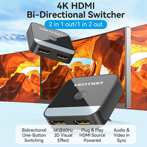 Switcher - Vention 2-Port HDMI Bi-Direction 4K Switcher Black ABS Type