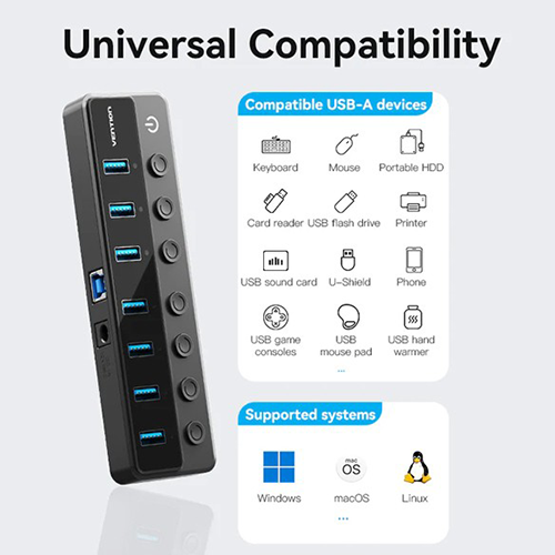 USB Hub 7 Port - Vention USB B 3.0 To USB 3.0 x7 Hub With Individual Power Switches and DC 5.5mm Power Adapter EU-Plug Black