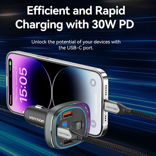 მანქანის FM მოდულატორი - Vention Car Charger With FM Transmitter (30W/18W/5W) Black ABS Type