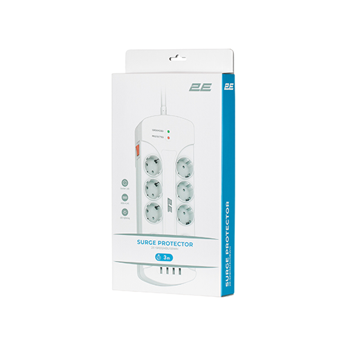 8 პორტიანი დამაგრძელებელი - 2E White Body Surge protector With Switch 3მ