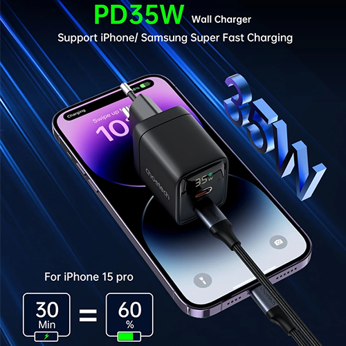 მობილურის დამტენი - Choetech PD6051 35W Gan Display Wall Charger Black