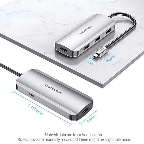 Multi ადაპტერი - Type-C to HDMI USB 3.0x3 PD Docking Station 0.15M Gray Aluminum Alloy Type Vention