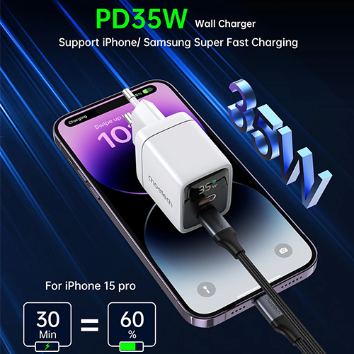 მობილურის დამტენი - Choetech PD6051 35W Gan Display Wall Charger White