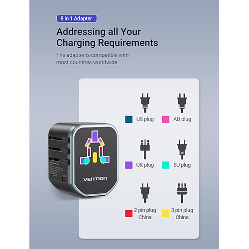 Mobile Charger - Vention 3-Port USB (C + A + A) Universal Travel Adapter (20W-18W-18W) Black