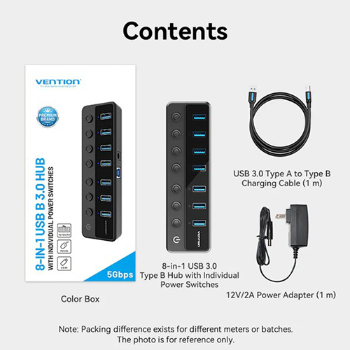 USB Hub 7 Port - Vention USB B 3.0 To USB 3.0 x7 Hub With Individual Power Switches and DC 5.5mm Power Adapter EU-Plug Black