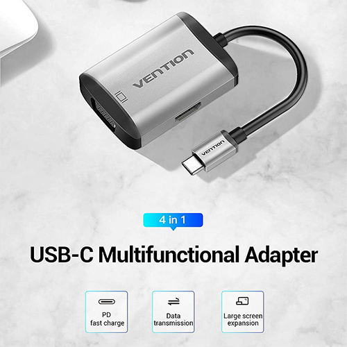 Multi ადაპტერი - Type-C To HDMI VGA USB3.0 PD Converter 0.15M Gray Metal Type Vention