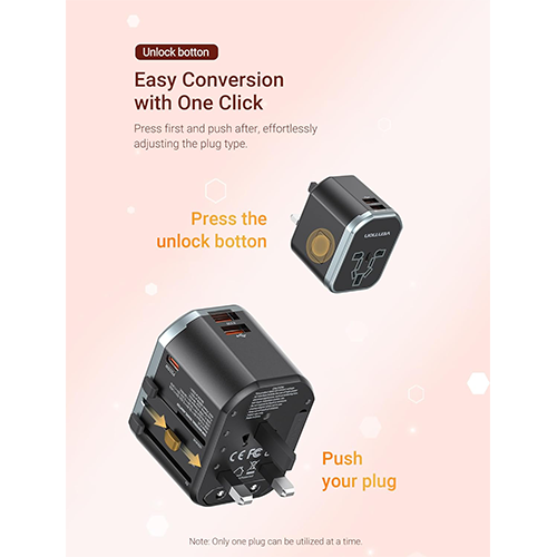 Mobile Charger - Vention 3-Port USB (C + A + A) Universal Travel Adapter (20W-18W-18W) Black