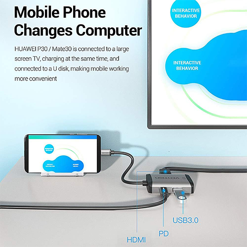 Multi ადაპტერი - Type-C To HDMI VGA USB3.0 PD Converter 0.15M Gray Metal Type Vention