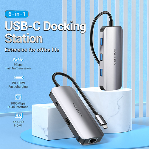 Multi ადაპტერი - Type-C to HDMI USB 3.0x3 RJ45 PD Docking Station 0.15M Gray Aluminum Alloy Type Vention