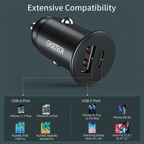 მანქანის დამტენი - Choetech TC0006 Dual USB-A Type-C PD3.0 30w Car Charger