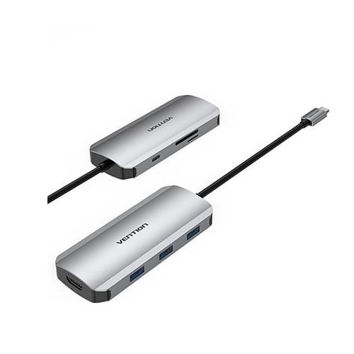 Multi ადაპტერი - Vention Type-C To HDMI USB 3.0x3 SD TF PD Docking Station Grey 0.15მ Aluminum Alloy Type
