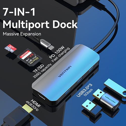 Multi ადაპტერი - Vention Type-C To HDMI USB 3.0x3 SD TF PD Docking Station Grey 0.15მ Aluminum Alloy Type
