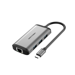 Multi ადაპტერი - Type-C To HDMI/3xUSB 3.0/RJ45/PD Converter 0.15მ Gray Metal Type Vention