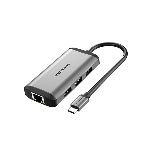 Multi ადაპტერი - Type-C To HDMI/3xUSB 3.0/RJ45/PD Converter 0.15მ Gray Metal Type Vention