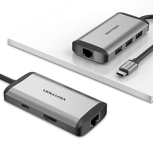 Multi ადაპტერი - Type-C To HDMI/3xUSB 3.0/RJ45/PD Converter 0.15მ Gray Metal Type Vention