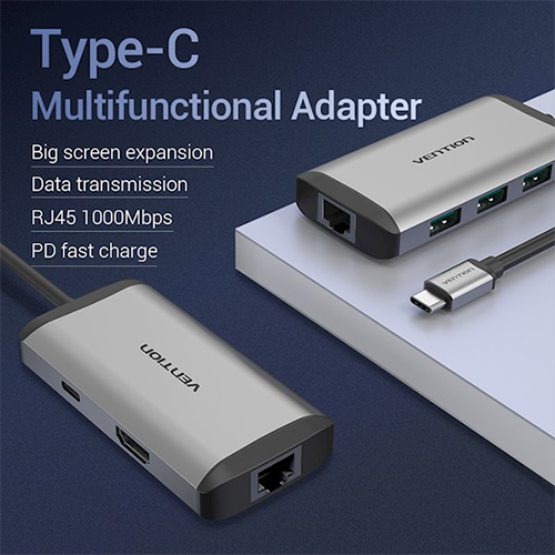 Multi ადაპტერი - Type-C To HDMI/3xUSB 3.0/RJ45/PD Converter 0.15მ Gray Metal Type Vention