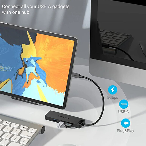Type-C USB Hub 4 Port - Vention 3.0 ABS Type 0.15მ TGKBB