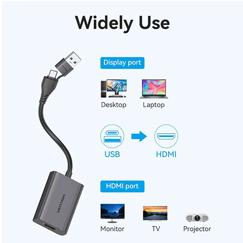გადამყვანი - Type-C / USB To HDMI 1080P @ 60 Hz Vention Grey 0.15მ