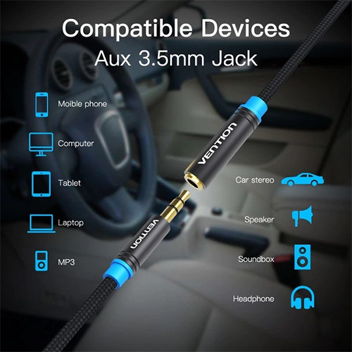 Aux დამაგრძელებელი კაბელი - Vention Cotton Braided Black Metal Type Blue 1.5მ