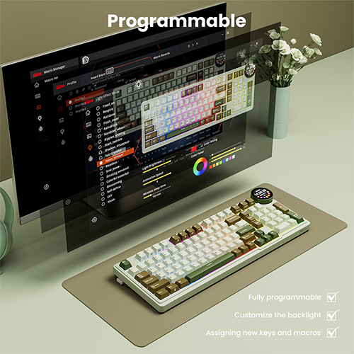 უკაბელო ტენვადი მექანიკური კლავიატურა - Royal Kludge RK N99 Cream Switch Palm Green Rechargable WL BT