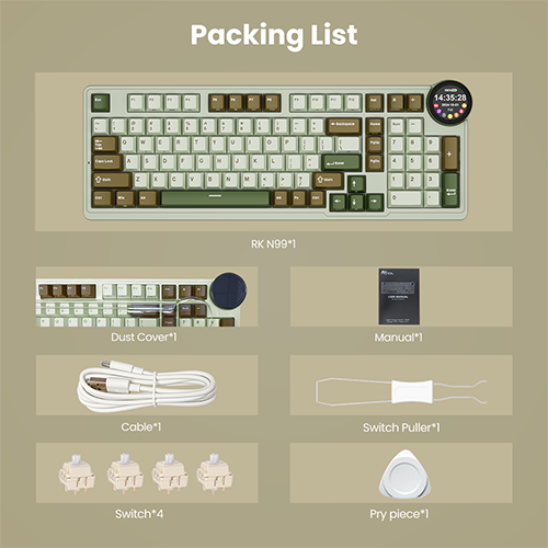 უკაბელო ტენვადი მექანიკური კლავიატურა - Royal Kludge RK N99 Cream Switch Palm Green Rechargable WL BT