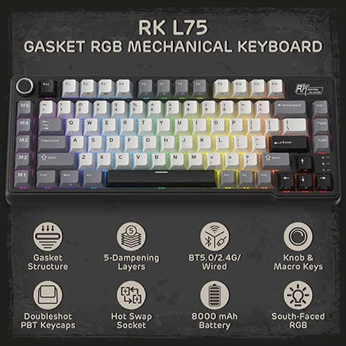 უკაბელო ტენვადი მექანიკური კლავიატურა - Royal Kludge RK L75 Cream Switch Knight Black Rechargeable WL BK