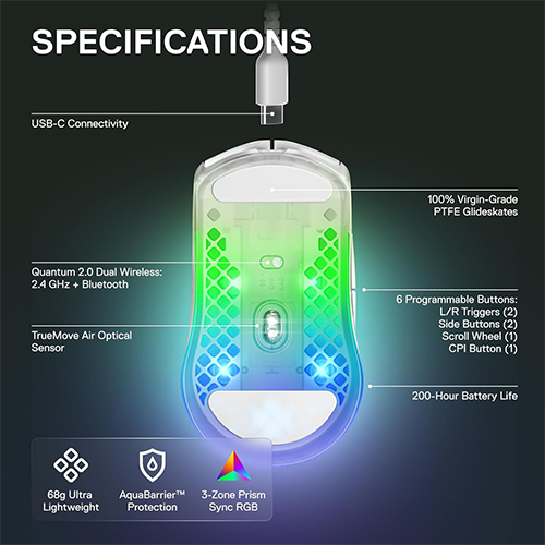 უკაბელო ტენვადი Bluetooth მაუსი - SteelSeries Aerox 3 RGB Ghost Rechargeable WL BT