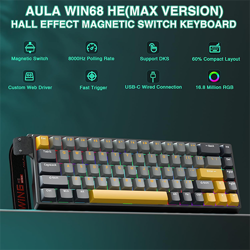 მექანიკური კლავიატურა - Aula WIN 68 He Max Wing Chun Magnetic Switch Grey-Light-Grey-Yellow