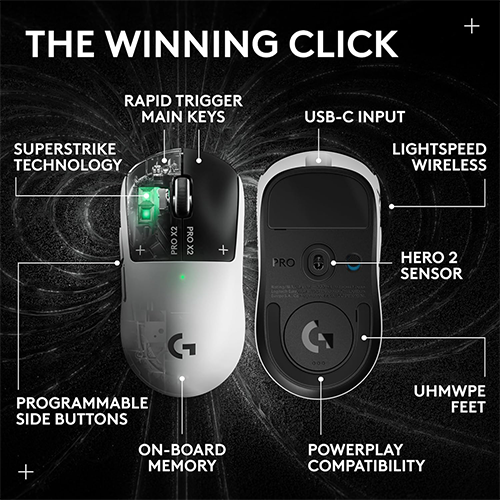 უკაბელო ტენვადი მაუსი - Logitech G Pro X2 Superstrike WhIte-Black Rechargeable WL